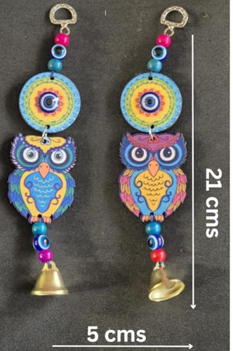 DT DECTONE Set of 2 Blue Evil Eye Hanging Pendant Decoration | Owl Design Lucky Hanging Ornament Amulet for Car | Nazar Battu Home and Office for Protection and Blessing