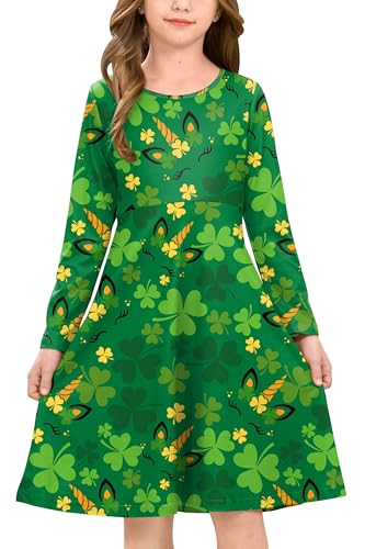 BesserBay Girls St Patrick's Clover Swing Long Sleeve Midi Tank Dress 4-12 Years