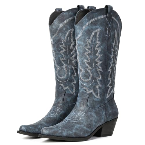 Image of Women's Pointed Toe Mid Calf Cowboy Boots - Cowgirl Boots with Chunky Heel