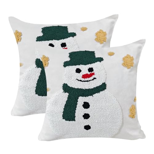 NIDITW Set of 2 Christmas Snowman Decorative Tufting Throw Pillow Cover 18x18 Inches Embroidered Square Cushion Case Cotton Linen Jacquard Fluffy Farmhouse Home Decor for Couch Sofa Bed (Snowman)