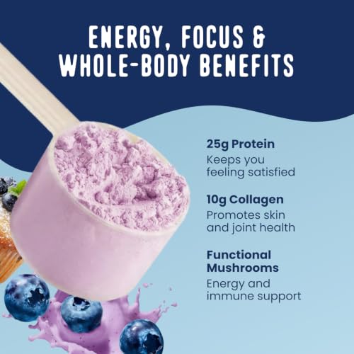 Image of FlavCity All in One Protein Shake Powder, Blueberry Muffin - On the Go Meal Alternative + Collagen Peptides, Reishi & Cordyceps - Focus, Skin, Hair & Joint Support - 100% Grass Fed Whey, 20 Servings