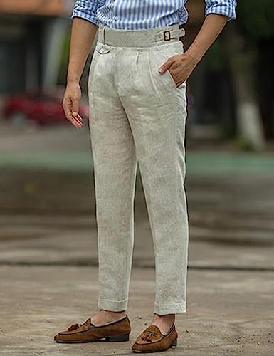 Snoly Men's Summer Retro Lightweight Linen Gurkha Trousers Tapered Leg Straight Flat Front Chino Pant4