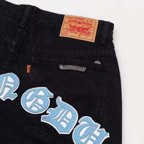 Men's Loose Fit Denim Pants, Elastic Waist Straight Leg Casual Jeans, Hip Hop Baggy Wide Leg Trousers with Patch Design3