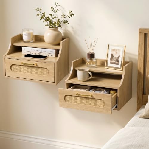 Afuly Floating Nightstand Set of 2 with Drawer, Oak Ratten Bedside Table