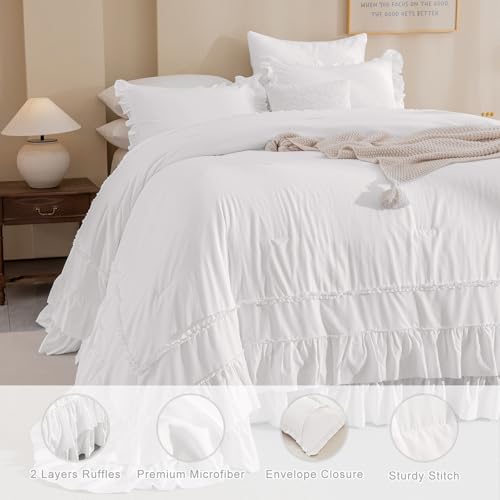 Image of QSH 3PCs Natural White Ruffled Oversized King Comforter 120x120, Shabby Boho Chic Farmhouse Ruffle Bed Comforter Set California King Comforter Ultra Soft Microfiber Lightweight Fluffy Bedding