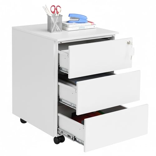 SONGMICS Mobile File Cabinet, Lockable, with 3 Drawers, Hold Documents, Stationery, Pre-Assembled, for Office, Home Office, 39 x 45 x 55 cm, White OFC63WT