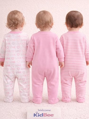 Image of Kidbee Baby Boys & Girls Full Sleeves Cotton Footed Romper Sleepsuit Pack of 3