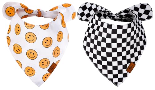 JarThenaAMCS 2Pcs One Happy Dude Dog Bandana Boho Smile Face Checkerboard Print Fabric Pet Scarf Medium Sizes Adjustable Pet Neckerchief Dog Bibs for Birthday Costume Accessories