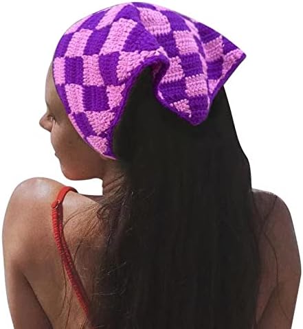 YummyYoung Checkered Crochet Bandana Handmade Headband Y2K Kerchief Headscarf Hair Tie Back Scarf For Womens