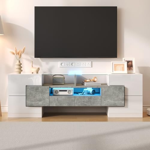 PUGSDRLY Meuble TV avec Rangement,6 Portes et 2 Tiroirs,Meuble TV Moderne avec lumière LED,Surface très Brillante (Gris+Blanc, 145x30x51cm)