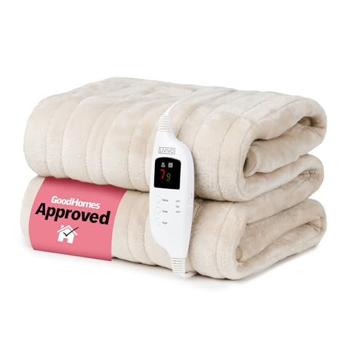 LIVIVO Electric Heated Blanket, 160x130cm – Ultra Soft Fleece Electric Over Blanket Throw with 9 Heat Settings, Timer, Auto Shut-Off – Energy Efficient & Machine Washable - Beige