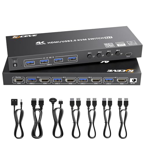 Image of HDMI KVM Switch 4 Computers 1 Monitors 4K@60Hz 2K@120Hz, 4 Port KVM Switch Simulation EDID for 4 PC Share 1 Monitor and Keyboard Mouse Printer, with Wired Remote, 4 USB 3.0 Cables, 12V Power Adapter