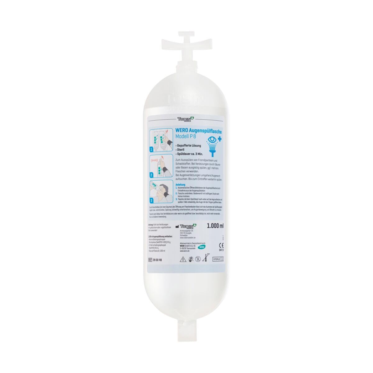 WERO Augenspülflasche Modell P8, 2 x 1000 ml | physiologische Natriumhydrogenphosphatlösung, 6-strahliger Duschkopf, kontinuierliche Spüldauer je Flasche > 3 Minuten