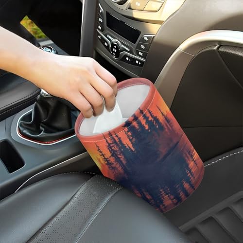 Image of Bigfoot Sunset Forest Car Trash Can Foldable Hanging Portable Dustbin Bin for Back Seat, Front Console, Floor, or Hanging Headrest Waste Basket