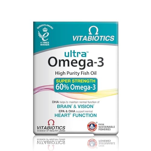 Vitabiotics Ultra Omega-3 Fish Oils Capsules with DHA EPA Nutritional Supplements for Heart Brain and Eye Vision 60 Count