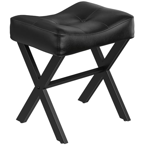 Memobarco 18-Inch Leather Vanity Stool Chair, Vanity Bench with Metal X-Leg, Ottoman Accent Stool with Thick Padded Saddle Seat, Black