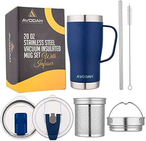 AVODAH 20 oz Tea Cup with Infuser and Lid. Tea Infuser Mug with Tea Infuser, Tea Strainer, Two Lids & Straw. Dishwasher Safe Coffee Travel Mug with Tea Accessories for Cold Brew Coffee or Tea (Blue)