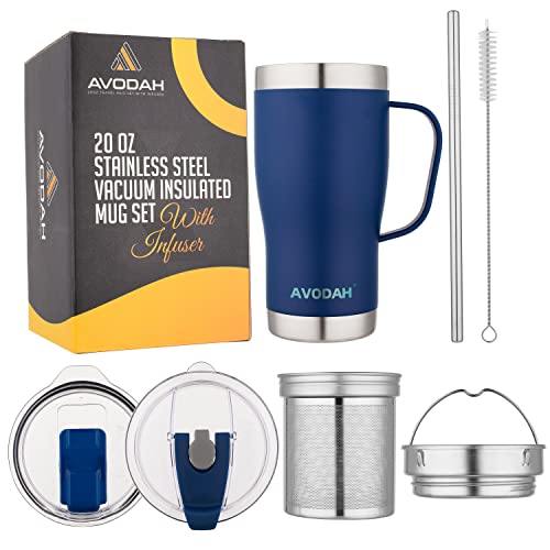 Avodah 20 Oz Tea Cup With Infuser And Lid. Tea Infuser Mug With Tea Infuser, Tea Strainer, Two Lids & Straw. Dishwasher Safe Coffee Travel Mug With Tea Accessories For Cold Brew Coffee Or Tea (Blue) #TOP24