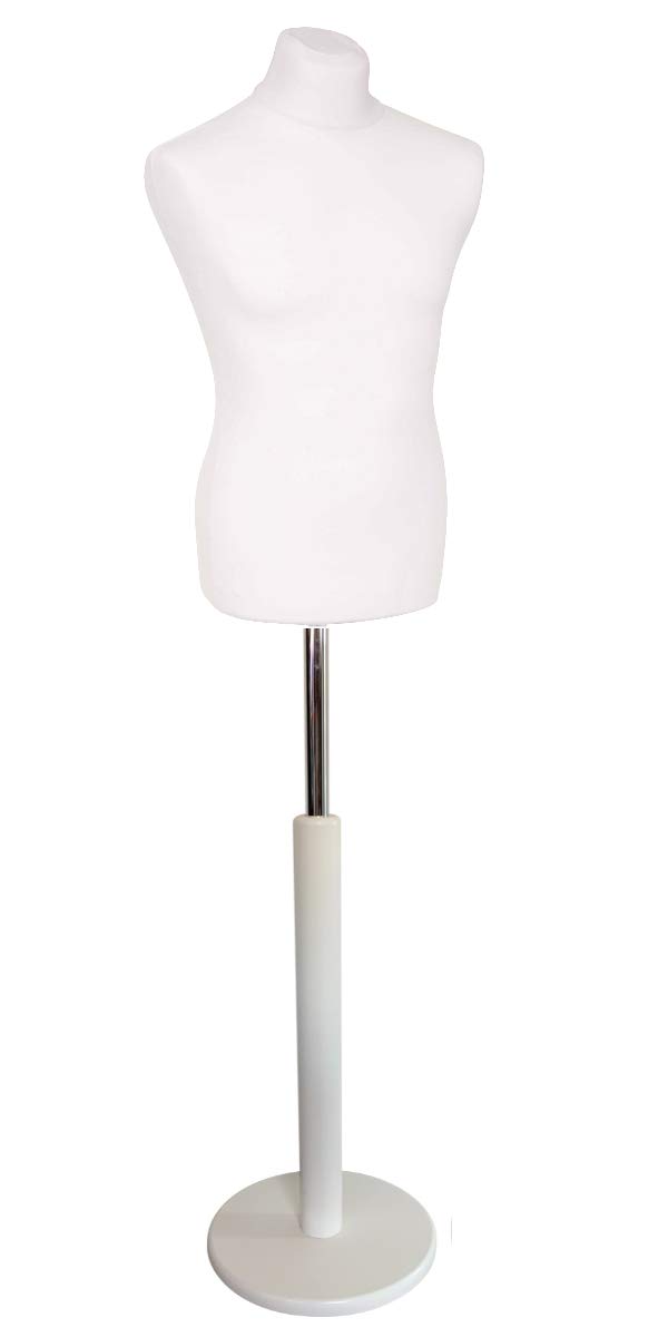 Basic Herrenbüste Größe EU 50 (M), vollgeformte Schneiderpuppe, Schaufensterfigur & Mannequin aus PU-Schaum mit Überzug und Holz-Rundfuß P4, Kleiderpräsentation & Dekoration, Weiß