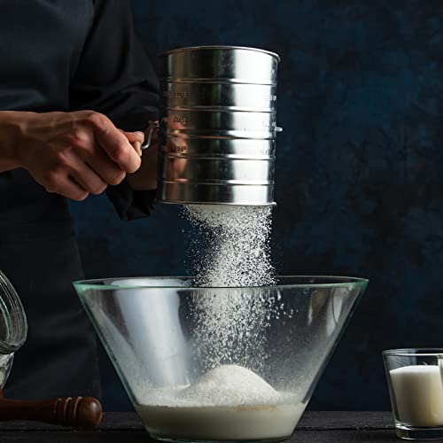 Flour Sifter, 3 Cup Flour Sifter for Baking Fine Mesh Rotary Hand Crank with Loop Agitator for Quick Sifting, Flour Sifter Stainlees Steel, Crank Sifter Flour for Baking Cakes and Spices Toresano
