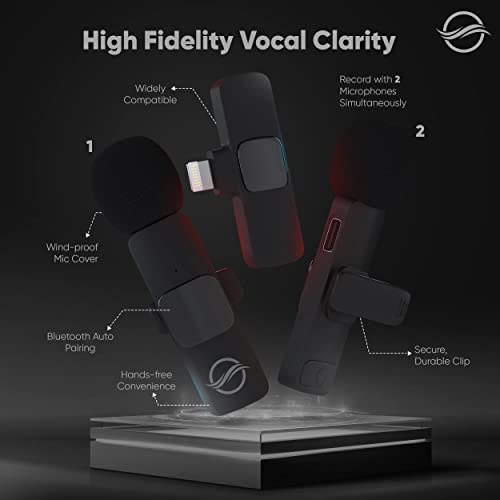 Wave360 2-Pack Wireless Lavalier Lapel Microphones For Iphone & Ipad | Noise Cancelling Cordless Bluetooth Microphone | Mini 2In1 Clip On Mic | Video Podcast Recording Equipment For Content Creators #TOP1