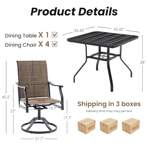 Image of Soohow Patio Dining Set for 4, 5-Piece Outdoor Table and Chairs Set, 4 x Swivel Outdoor Dining Chairs with Paded Textilene and 35 inchx35 inch Patio Table with 1.57 inch Umbrella Hole for Poolside, Backyard