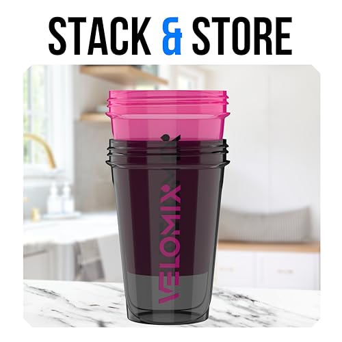Image of VELOMIX -2 Pack- 20 oz Protein Shaker Bottles for Protein Mixes - 2x Wire Whisk | Leak Proof Shaker Cups for Protein Shakes and Pre Workout | Protein Shaker Bottle Pack (A6) Black /Pink