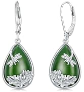 HPQQ Jade Earrings for Women 14k Gold Plated Sterling Silver Natural Jade Drop Dangle Earrings Je...