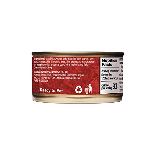 Crab in Brine By GEOMAR – 5.3 Ounce Canned Meat – Ready to Eat High Protein Sustainable Food – No Gluten – Directly from Chilean Patagonia – All Natural and Fresh Safely Preserved – Pack of 6