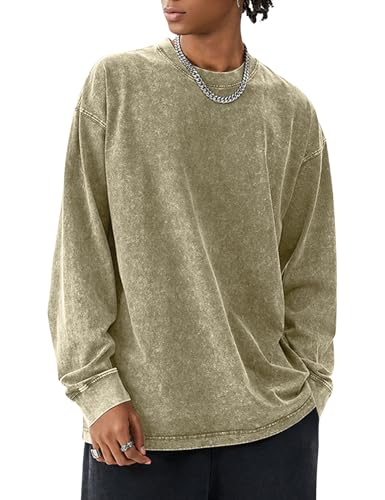 COZYPOIN Men's Acid Wash Tshirts Shirts Oversized Vintage Long Sleeve Pullover Crewneck Sweatshirt Khaki