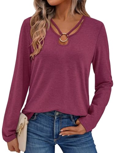 2025 Women's Long Sleeve Tops Keyhole Neck Detail Crew Neck Shirts Ring Cut Out Design Stretchy Tees (US, Alpha, Large, Regular, Regular, Wine Red)
