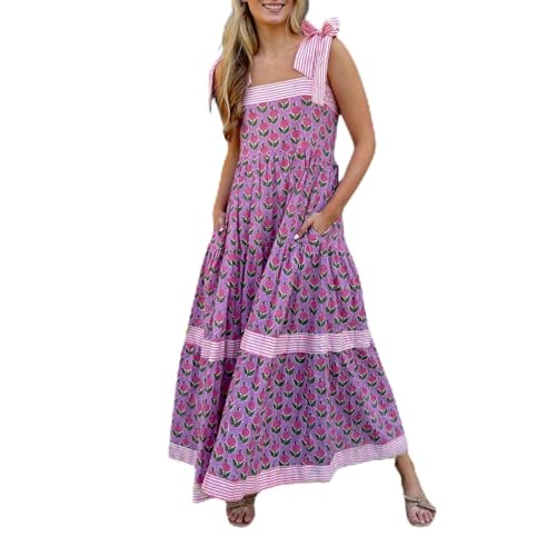 Image of Women Y2k Boho Maxi Dress Tie Shoulder Backless Strappy Tiered Flowy Dress 2024 Summer Floral Beach Sundress
