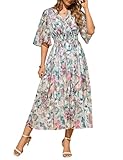 CMTOP Vestidos Verano Mujer Largo Elegantes Cuello en V Vestido Manga Corta Estampada Bohemio Midi Vestido Elástico Cintura Alta Casual de Playa Fiesta (Flores de Colores, M)