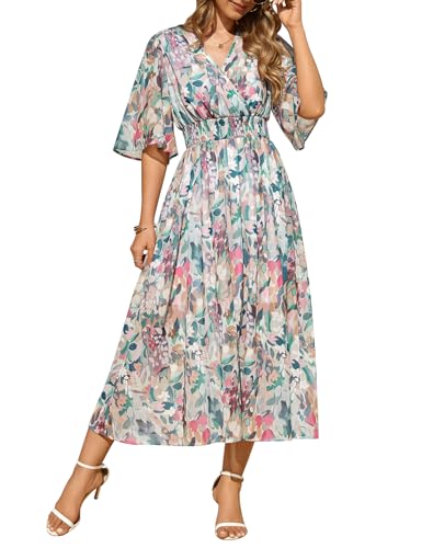 PASUDA Women Dresses Summer Floral Maxi Dress Short Sleeve Boho Ladies Dress Casual Bohemian Flowy Swing Plus Size V Neck for Daily Beach Holiday Wedding (Colorful Flowers, M)