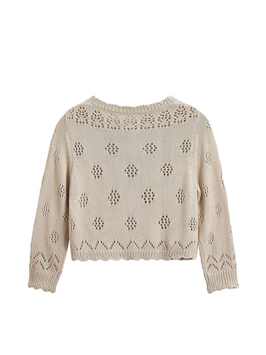 OYOANGLE Girl's Long Sleeve Hollow Out Cardigans Crew Neck Scallop Trim Shrug Sweater2