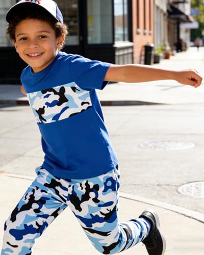 Image of OLMRJKD Boys 2 Piece Outfits Color Block Clothes Short Sleeve T Shirt and Camouflage Pants Summer Clothing Sets