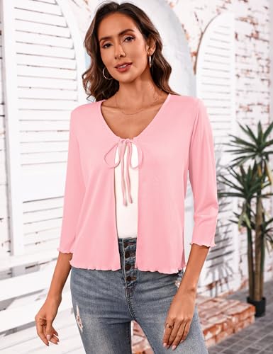 Image of Aiboria Women's Tie Front Shrug 3 /4 Sleeve Ribbed Bolero Lightweight Cropped Cardigan S-XXL