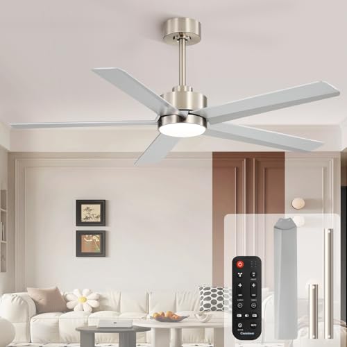 Image of Conciseer 52 Inch Ceiling Fans with Lights and Remote for Bedroom Living Room Kitchen Office, Indoor /Outdoor Use, 3CCT Dimmable, 5 Blades 6 Speed Reversible Quiet DC Motor, Sand-nickel /Silver