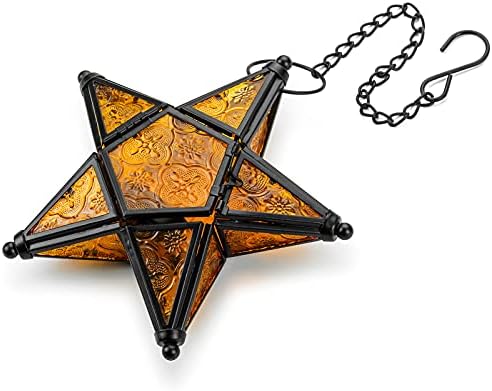 Romadedi Moroccan Lantern Decorative Hanging Ornaments - Stained Glass Candle Lantern Window Hangings Patio Balcony Living Room Decoration Vintage, Orange