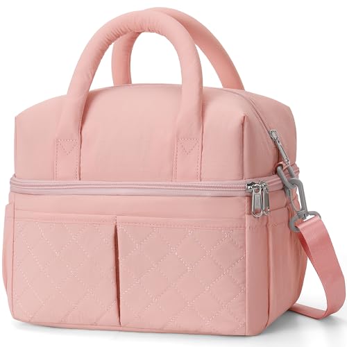 LGAG 10L Medium Insulated Lunch Bag for Women, Double-Deck Lightweight Soft Puffy Lunch Box for Adults, One-Person Lunchbox for Work, School, Picnic, Pink