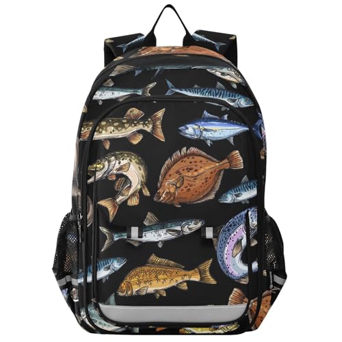 Sea and Freshwater Fish Black Backpack Lightweight Bookbag Travel Laptop Backpack College School Computer Bag with Reflective Stripes