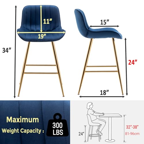 Image of Sidanli Blue Bar Stools Set of 2, 24 Inch Velvet Counter Height Bar Stools with Footrests, Modern Bar Chairs for Home, Kitchen Island, Dining Room