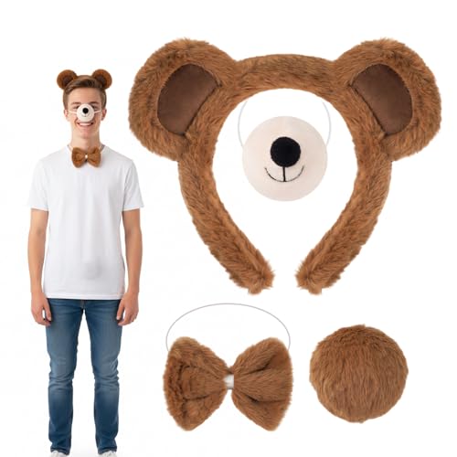 ZocRjvN 4-teiliges Bärenkostüm Set Bärenohren Nase Schleife und Schwanz perfekt für Knder und Erwachsene Karneval Halloween und Mottopartys