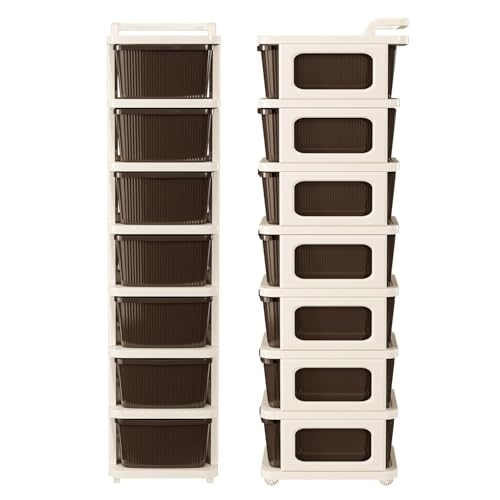 Image of KITCHIVO Heavy Duty Plastic Storage Drawer with Wheels | Modular Cabinet for Bedroom, Office, Home or Classroom| Chest of Drawers Organiser for Cosmetics, Kitchen items, Toys (Brown, 7)