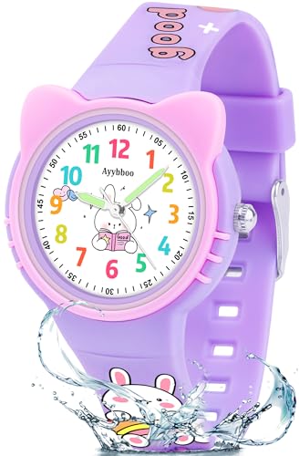 Ayybboo Kinderuhr Mädchen Jungen,Katzenohr Armbanduhr Kinder mit Cartoon-Silikonband,3ATM Wasserdicht Analoge Quarzwerk Lernuhr für 4-12 Jahre Pädagogisches Geschenk (Lila)