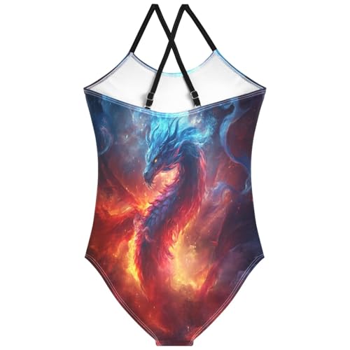 Pigsaly Girls One Piece Swimsuits Space Flames Blue Red Fire Dragon Kids Cross Back Swimwear Beach Sport Bathing Suit 3T2