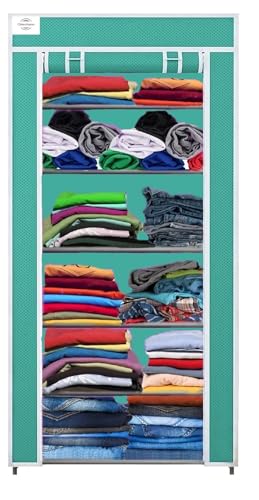 Image of CMerchants Metal Multipurpose Collapsible Organizer With Non Woven Dustproof Zip Cover For Clothes (6 Shelve) (Green)