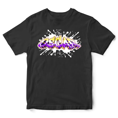 Personalised Graffiti Name T Shirt for Kids Custom Paint Splatter Tee Boys Girls, 12-13 Years, Black