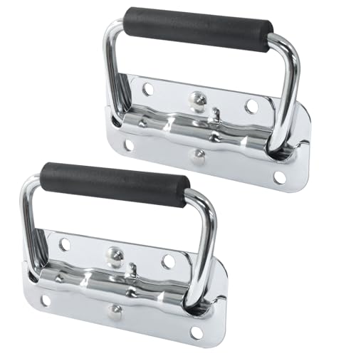 Image of Spring Loaded Handle, 100mm / 4 Inch Heavy Duty Folding Handle with Durable Rubber Grip for Toolboxes, Cabinets, Easy to Install, 2Pcs