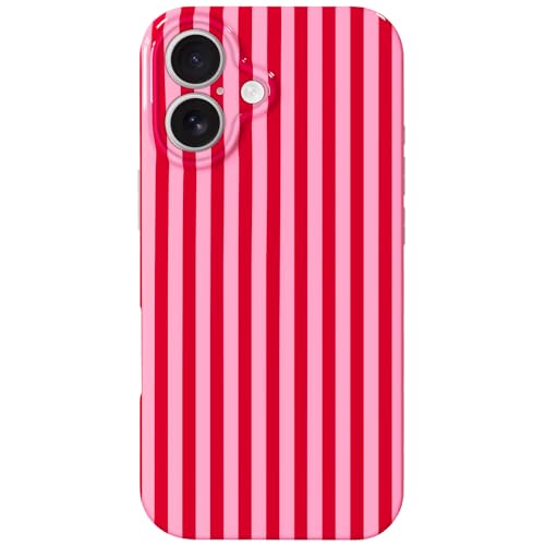 Hython for iPhone 16 Plus Case Cute Striped Aesthetic Design Simple Stripes Cover 6.7", Thin Slim Soft TPU Bumper Shockproof Rubber Protective Phone Cases for Women Girls Girly Boys, Pink and Red by Hython - Used condition - US$6.08